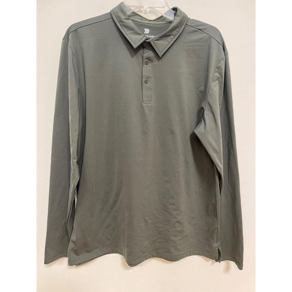 All in Motion Mens L Olive Green Long Sleeve Performance Polo Shirt Stretch